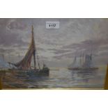 F. W. Scarbrough signed watercolour and gouache, fishing boats at sunset, 10ins x 14ins