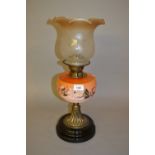 Brass oil lamp with a painted glass well and an etched glass shade