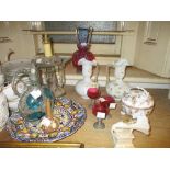 Pair of white opaque glass jug vases together with a Continental floral decorated pottery box and