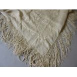 Silkwork shawl having floral embroidery, fur cape, fur stole and a woolwork panel with crest