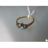 18ct yellow gold ring set blue topaz and two diamonds