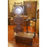 Edwardian mahogany and line inlaid folding cake stand, together with a small mahogany gong stand and