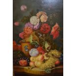 20th Century oil on canvas board, still life study of flowers and fruit on a ledge, signed Schouten,