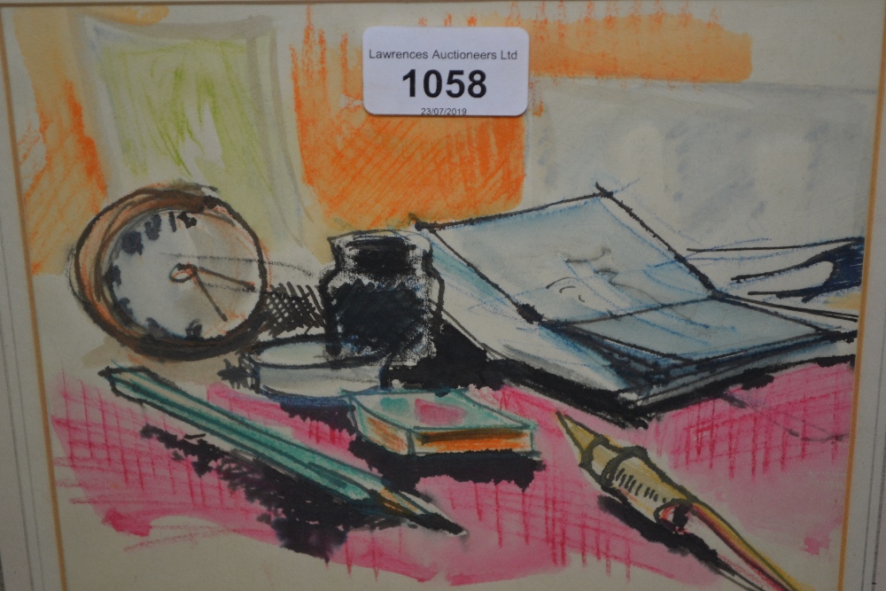 Akos Biro, ink and watercolour, items on a desk, 6ins x 8ins, gilt framed, together with a pastel