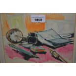 Akos Biro, ink and watercolour, items on a desk, 6ins x 8ins, gilt framed, together with a pastel