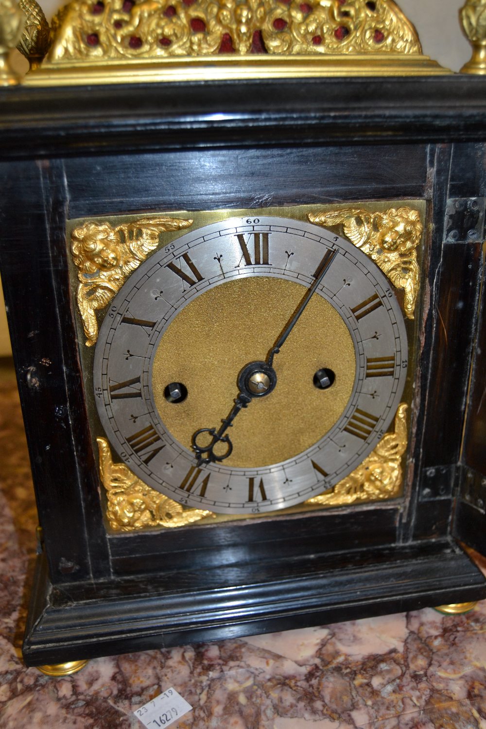 Small 18th Century ebonised and gilt brass table or bracket clock, the gilt basket top and acorn - Image 7 of 19