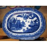 Two 19th Century English Oriental style blue and white transfer printed meat plates (at fault)