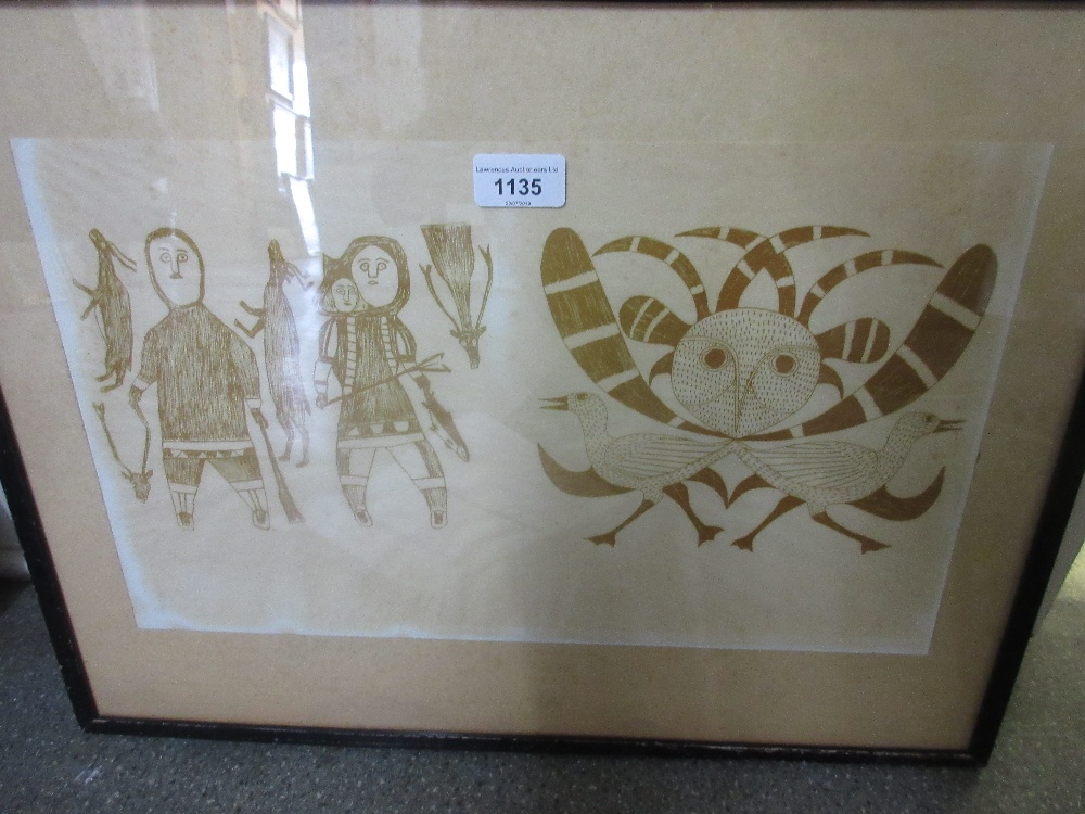 Canadian stone cut print, portrait of Inuit hunters, with a symbol to the right of image, 10ins x - Image 2 of 4