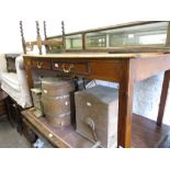 Oak writing table with a green tooled leather inset top together with four various filing cabinets