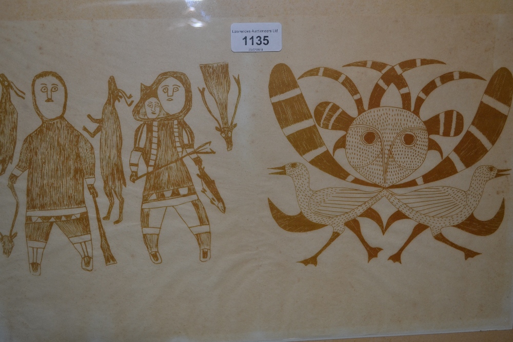 Canadian stone cut print, portrait of Inuit hunters, with a symbol to the right of image, 10ins x