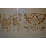 Canadian stone cut print, portrait of Inuit hunters, with a symbol to the right of image, 10ins x