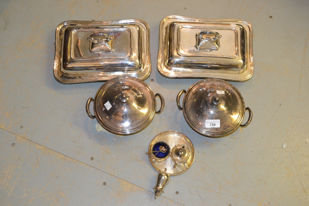 Silver plated entree dish, pair of serving dishes and a condiment set on tray