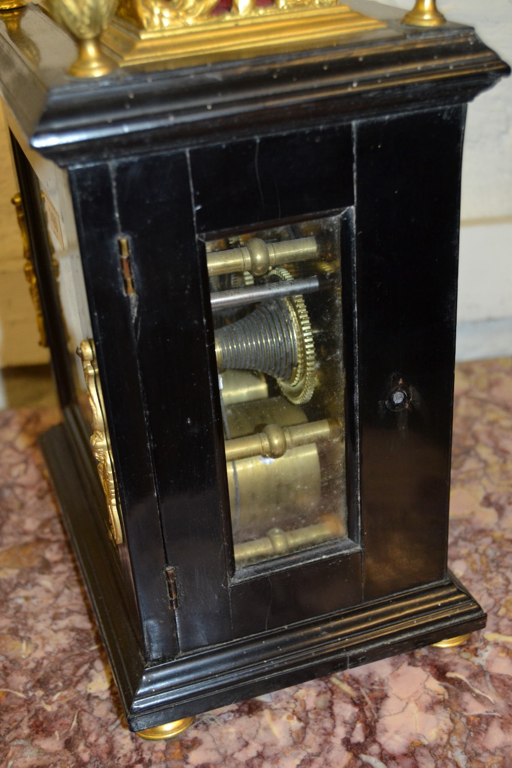 Small 18th Century ebonised and gilt brass table or bracket clock, the gilt basket top and acorn - Image 15 of 19