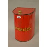 Toleware red painted tin with hinged cover having brass knob handle, stencilled ' pulvarised ' and a