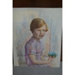 Miniature portrait of a young girl in lilac dress painted on ivorine, inscribed verso ' Mary ', 5ins
