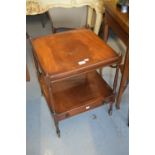 Pair of reproduction mahogany lamp tables, the square crossbanded tops above slender turned supports