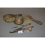 Silver trinket dish, various silver mounted dressing table brushes etc, silver handled cheese