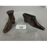 19th Century mahogany snuff shoe with protruding heel and small sliding cover, together with another
