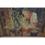 Dorothy G Dymock, (Slade School), oil on panel, figure tending flowers in an interior, signed, 11.