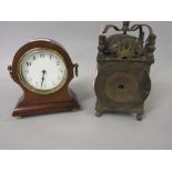 Edwardian mahogany inlaid mantel clock having circular enamel dial with Arabic numerals (chip to