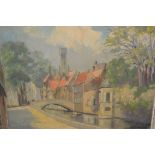 P. Johnson, 20th Century oil on canvas, Bruges canal scene, together with an unframed watercolour,