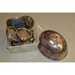 Oval silver plated meat dish cover, pair of plated on copper bottle coasters, together with a