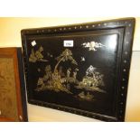 Chinese rectangular hardwood wall plaque, mother of pearl inlaid with figures on a bridge