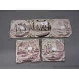 Five antique continental pottery glzed tiles decorated with various scenes of figures, 5ins square