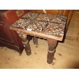 Small rectangular carved oak table on heavy turned supports and an oak torchere with single column