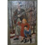 Modern British School oil on canvas, young lady with children carrying wood in a winter landscape,