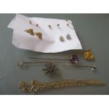 Three various Victorian stick pins, yellow metal pendant, silver gilt spider pendant on chain and