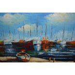 20th Century oil on canvas, harbour scene with various moored boats, signed Hubert, gilt framed,