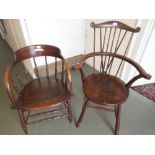 Early 20th Century elm and beechwood elbow chair with circular panel seat together with a smokers