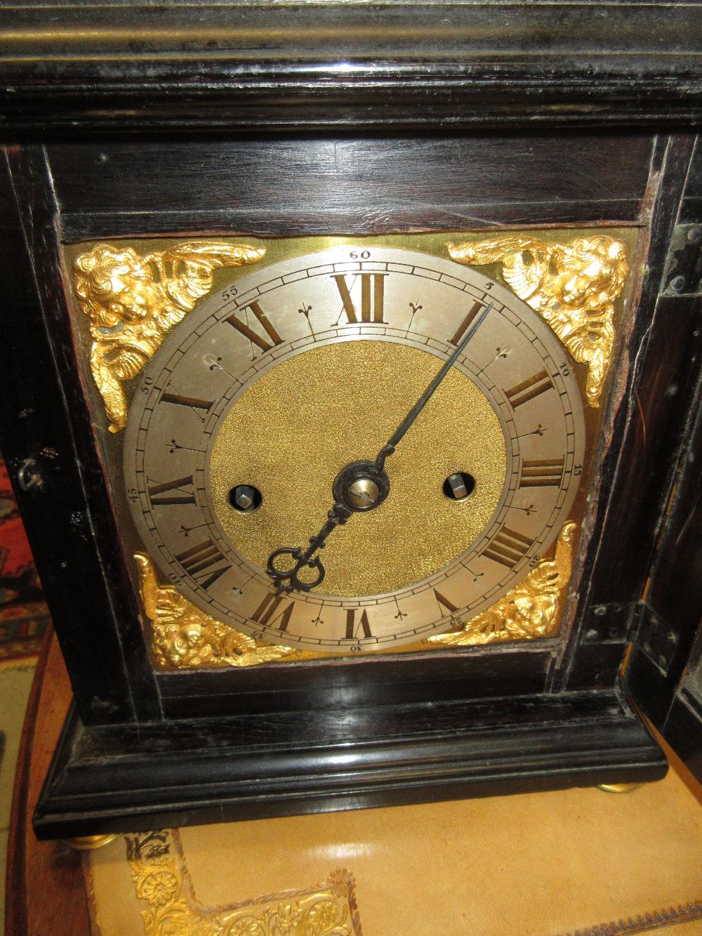 Small 18th Century ebonised and gilt brass table or bracket clock, the gilt basket top and acorn - Image 18 of 19