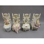 Group of four modern Lladro figures, each of a girl seated in a high back chair and holding a posy