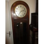 1920's Oak longcase clock, the circular silvered dial with Arabic numerals with a three train weight