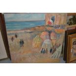 Unframed oil and acrylic on canvas, coastal scene with figures by beach tents, signed Ross Foster