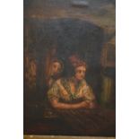 19th Century oil on canvas, two ladies at a window, gilt framed, 13.5ins x 10ins