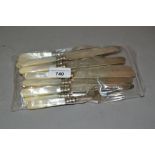 Twenty four piece set of silver plated mother of pearl handled dessert knives and forks (lacking