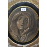 Antique oval mounted gilt framed charcoal drawing highlighted with white, head study of the Madonna,