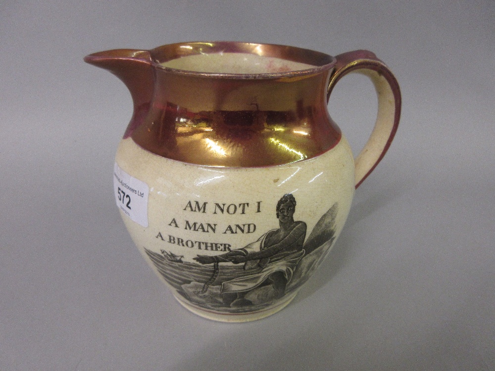 Rare 19th Century lustre jug, transfer printed in black and white with a slave in chains and