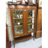 Good quality Edwardian mahogany marquetry and chequer inlaid display cabinet, the galleried back