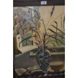 Modern British School oil on canvas, still life with grasses in blue and white vase, monogrammed and
