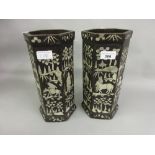 Pair of Chinese hexagonal lacquered vases inset with mother of pearl