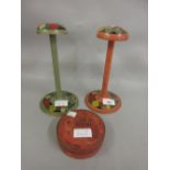 Pair of Art Deco painted wig stands together with a circular lacquered box (at fault)