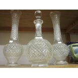 Large 19th Century cut glass decanter with stopper together with a pair of similar tall vases