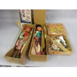 Two early boxed Pelham puppets and a small Muffin junior metal puppet in original box by Moko