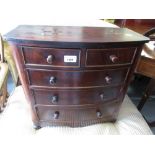 19th Century mahogany miniature bow fronted chest of two short and three long drawers with knob