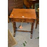 19th Century Continental walnut work table on twin end turned reeded supports united by a matching