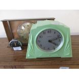 Green bakelite cased clock by Ingersoll, Cyma alarm clock (at fault) and a 1950's clock